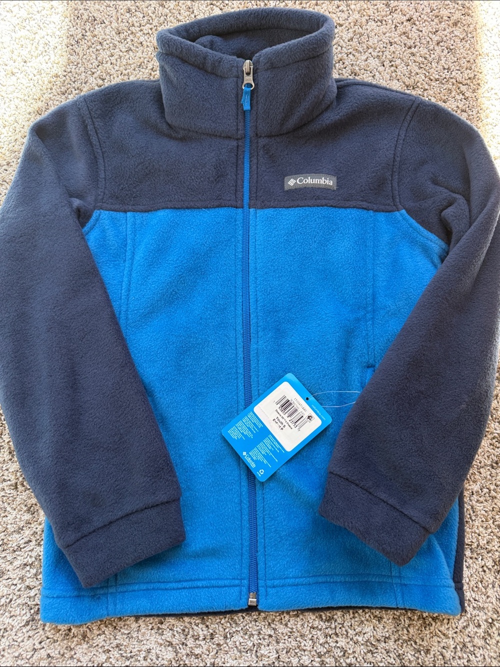 NWT Columbia kids navy and bright blue full-zip fleece jacket size small